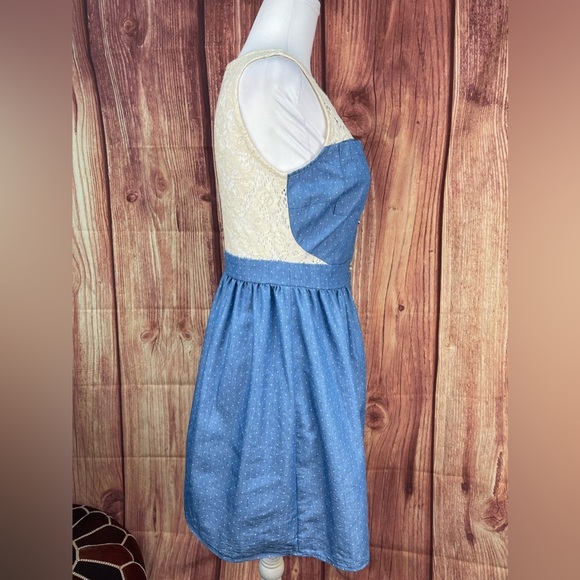 Monteau cream lace blue cotton sleeveless button boho country mini dress size M - Picture 4 of 17